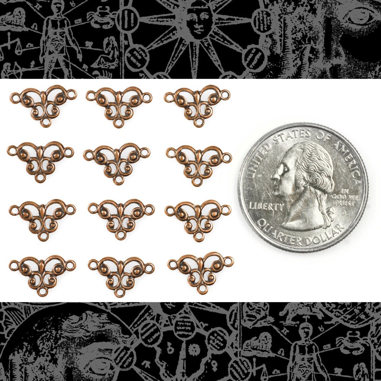Antiqued Copper Plated Brass Simple Scrolled Three Ring Connectors - Set of Twelve - C-3C12